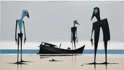 long-legged lean black-grey figures with beak-shaped heads (wearing white khiton) standing in front of a boat wreck on a radioactive beach, acrylic painting, minimal art, centered, wild sparse brushstrokes, amazing verticals, great parallels, low bleak colors of gray, blue and black, excellent negative space contrasts