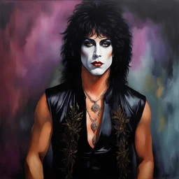 Paul Stanley wearing makeup, Facial Portrait, dark, multicolored watercolor stained wall in the background, oil painting in the art style of Boris Vallejo, 32k UHD, Hyper realistic, photorealistic, realistic, sharp, highly detailed, professional quality, beautiful, awesome, majestic, superb, trending on artstation