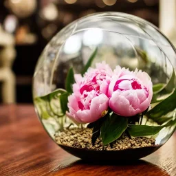 Cinematic shot of peonies inside a glass ball, antique shop, glass, crystal, leaves, luxurious, terrarium