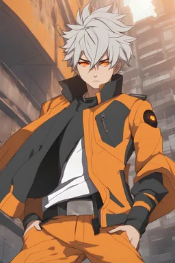 Young man with vivid orange and punk hair, vivid yellow eyes, smug, orange and brown futuristic clothes, wearing an eyepatch, urban background, RWBY animation style