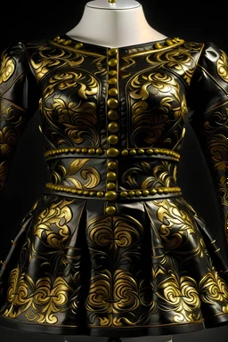فستان أسود من الجلد واسع وقصير وبه رسومات بارزه ذهبية