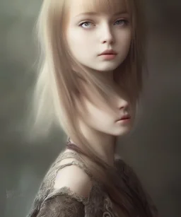 intricate, elegant, sharp focus, illustration, highly detailed, digital painting, concept art, matte, art by wlop and artgerm and ivan shishkin and andrey shishkin, masterpiece, young and cute ukrainian girl, adorable, hime cut hair, round face