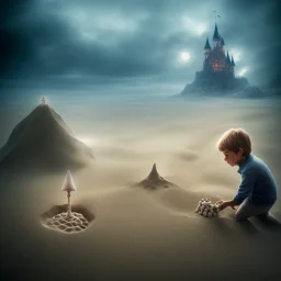 lonely ghost of a little boy playing by himself with a castle of sand at an eerie beach close to a starfish and a bone.