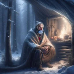 john travolta as father xmas in cosy hut in snowy misty forest, 8k, down-light, soft light, depth of field, photo realism, trending on art station, high detail