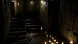 Walking in the dark basement with cautious steps, using candles to light the way, and hearing the voices of evil spirits trying to scare them.