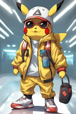 Pikachu dressed in futuristic sportswear clothes, big sneakers and a futuristic glasses