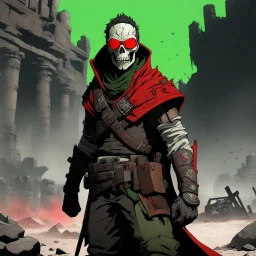 [wii No More Heroes style with thick lines] Ultra-detailed 8K image in a post-apocalyptic style shows a warrior with red hands and a skull, and fluorescent green goggles. The face and hands are realistically textured, revealing the cracked surface and veins beneath the skin. A ragged linen cloak billows in the wind. The background is a dark wasteland with ruins and a figure on a horse. Chiaroscuro and muted colors emphasize the gloomy atmos
