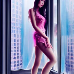 beautiful girl with very nice fashion clothing ,pretty high heels,standing next to window in a luxury room in a modern city posing to camera,full body show, 8k resolution concept art portrait hyperdetailed intricately detailed Splash art trending on Artstation triadic fullbody portrait paint,