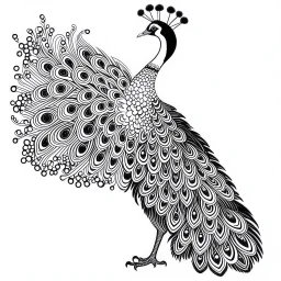 white, A peacock decoration, line art, white background, outline, with images neatly contained within the background, just black and white color, full body, no color. Looking front , front view, 8k