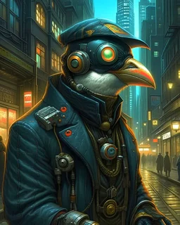 "Portrait of a steampunk penguin in a cyberpunk city, by Arai Yoshimune, Simon Stålenhag, and Dan Mumford Photorealism hyperdetailed trending on Artstation 8k resolution digital illustration cel-shaded Ukiyo-e romanticism expressionism impressionist"