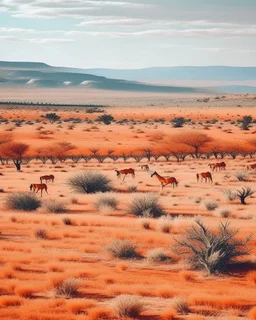 Light rosy orange colored shrublands near a Karoo with animals painted by Leonardo da Vinci