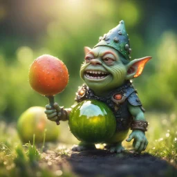 king snail gremlin t-pose upper body of gnome goblin orc made from tinted murano glass in long grass inspecting a melon ,bokeh like f/0.8, tilt-shift lens 8k, high detail, smooth render, down-light, unreal engine,bokeh like f/0.8, tilt-shift lens 8k, high detail, smooth render, down-light, unreal engine