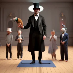 A magician stands in front of a group of children who sit in front of him on a mat on the floor and pulls out a rabbit from a top hat, the children look open-mouthed and wide-eyed and clap their hands, in the background a parrot stands on a pole and observes what is happening