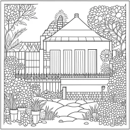 GARDEN HOUSE, "Secret Garden Retreat: Explore the charm of the Garden House, realistic, coloring page, only draw lines, coloring book, clean line art, wildlife-inspired, kid style, –no sketch, color, –ar 3:4, white background, minimalistic black lines, 8k, minimal black color, low level black colors, coloring page, use pure black and white colors, avoid thick black colors, thin black line art, avoid colors, perfect shape, perfect clear lines, clear edges, fill total edges, exact perfect edges,