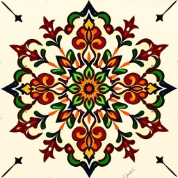 Symmetrical Looking Colorful Pakistani Cultural Art Pattern With Traditional Looking Floral Patterns Drawn (Using Colors Like: Glowing Golden, Orange, Maroon, Green, Brown and a little Navy-Blue) On Wall Background.