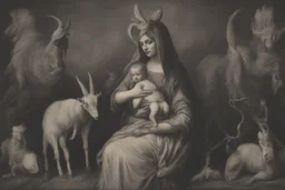 baphomet, attractive woman with head of a goat, holding a human child, virgin mary composition