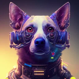 A beautiful portrait of a cute cyberpunk dog by sandra chevrier and, greg rutkowski and wlop, purple blue color scheme, high key lighting, volumetric light, digital art, highly detailed, fine detail, intricate, ornate, complex, octane render, unreal engine, photorealistic