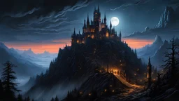 a masterful digital fantasy painting in the style of Greg Rutkowski Dan Mumford and Caspar David Friedrich , a dark tall and gothic vampire castle sits atop a creepy mountain spire, moonlit, night, masterpiece, 8k, award winning, high quality, best quality, cinematic, extremely detailed, intense lighting, epic,