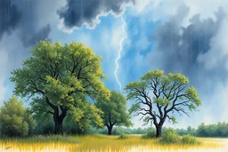 summer thunderstorm, Trees, , Dark Clouds, Bad Weather, June, wet in wet Modifiers: beautiful Arthur Rackham Jean-Baptiste Monge Josephine Wall Thomas Wells Schaller shabby chic Pencil and pastel sketch pastel patchwork line art