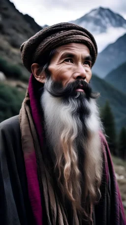 一位留着长胡子的老爷爷、他身上穿着破烂的衣服,戴着旧头巾,一脸无奈的盯着我,模糊的背景是大山,中国传统