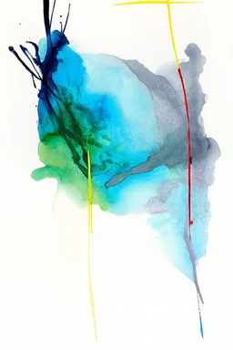 a minimalist abstract watercolour painting on a white background featuring a blend of colours. Dominant shades of blue, green, grey and red create flowing watery patterns across the canvas. Streaks of yellow intersect.