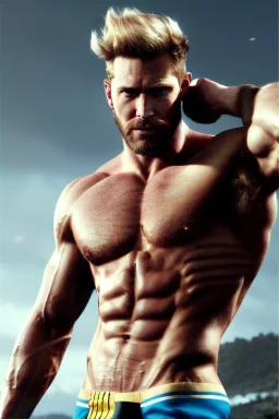 Ignore NSFW, teenager young rugged attractive slightly muscular fantasticly handsome blonde man, red briefs with yellow belt, hairy chest, (((visibly pisssing))) briefs, large erect visible boner peniss, photorealistic, artist Jay Anacleto, soft lighting, scruffy beard