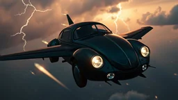 a high definition screen shot of a jet-fighter vw-beetle, retrofuturistic, phototrealism, in flight, one subject, thunderstormncc 1701 enterprise Macabre Rapture End of days Revelation scene,