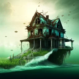 Abandoned house, overgrown, partially submerged,house interior, water inside