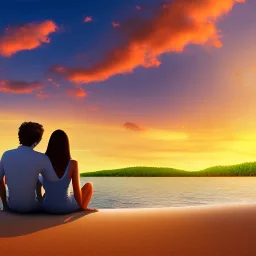 2 lovers watching the sunset sitting in the sand on a sand island