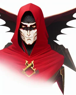 Draw an illustration with a red and black hood and a dragón mask over they eyes, front view