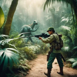 35mm film photography, [photorealistic art] a hunter with a rifle aiming at a Chilesaurus diegosuarezi. the boys in the jungle, high detail, vintage pellicule, film effect, dramatic dutch light