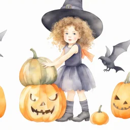 Hyperrealistic watercolor illustration of a little girl with curly hair in a witch costume sitting facing the viewer and hugging a bright orange large pumpkin with a Halloween muzzle. White background