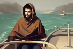 Modern man in a boat wearing hoodie by Andrea del Sarto