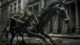 Close-up of a Terrifying alien vegetation with tendrils crawling across a dead horse, its carriage broken behind it. war-torn Victorian street. Appocolyptic, epic, photo realistic, widescreen, cinematic