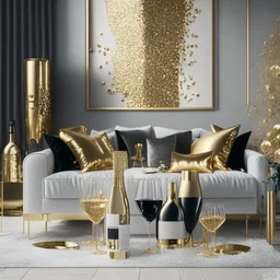 A picture of a modern living room with gold party decoration and champagne bottles and glasses