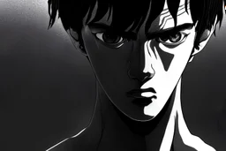 black and white portrait of the face of the sadness, ultra realist texture, intricate line, hdr, 8k, ultra symmetrical,dark futur, akira movie, stephen king style, goldorak anime style, octan render, sad boy