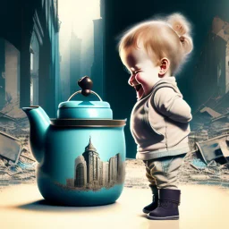 A teapot is shining and a laughing child is looking at it. The child’s image is reflected inside the teapot and behind the child is the reflection of a destroyed city.