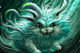 cute dust bunny fizzgig being swept into a magical wind vortex, fluffy gray detailed fur texture, dirty, oversized expressive eyes, open mouth panic fearful expression, dynamic diagonal motion pose, limbs reaching forward, body tilted in perspective, sense of speed and motion, flowing translucent teal and aqua wind ribbons, spiraling air currents forming a curved arc, soft tornado funnel in the top corner, painterly semi-transparent wind, 3d puppet