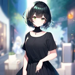 Clear focus, High resolution, fluffy black short hair, dark green eyes, wearing a black t-shirt and pleated black skirt, fluffy hair, detailed outfit