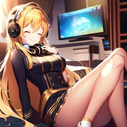 girl, masterpiece, best quality, volumetric lighting, detailed outfit, perfect eyes, golden hair, long hair, closed eyes, headphones on head, listening to music, smile, sitting, indoors, god rays, legs up to chest,