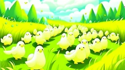 Fantasy cartoon illustration: trail of marshmallow chicks in the grass