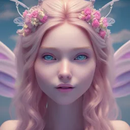 a pink castle, a cheerful fairy in front, big smile, pink, blonde hair, beautiful, whole face, whole top hair head, wide open blue eyes, transparent wings onn the back, hyperrealism, masterpiece, expert, cinematic lighting, sharp focus, 8K, pastel, macro lens, woman, detailed, flower