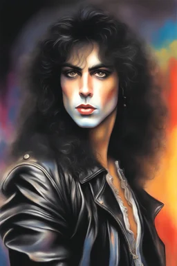 text "KISS" - facial portrait with makeup - 20-year-old Paul Stanley with long, wavy curly black 1980's style big hair, wearing a black leather jacket, extremely colorful, multicolored watercolor stained wall in the background - in the art style of Boris Vallejo, Frank Frazetta, Julie bell, Caravaggio, Rembrandt, Michelangelo, Picasso, Gilbert Stuart, Gerald Brom, Thomas Kinkade, Neal Adams - explosions, flames, fog, clouds, dust,