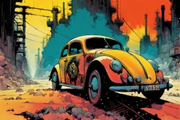 create an abstract, powereful, stripped down, post apocalyptic Volkwagen beetle hot rod with highly detailed features, lost in a horrific industrial wasteland, in the comic book art style of Bill Sienkiewicz, Mike Mignola, and Jean Giraud Moebius , searing lines , forceful strokes, precisely drawn, inked, and colored