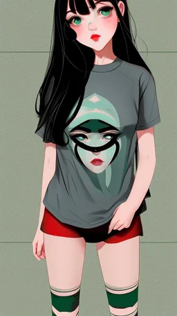 generate a full-length girl with gray-green sad eyes, with dark hair above the shoulders, a round face, not very plump lips, in a black T-shirt with a red print, short shorts, blue socks