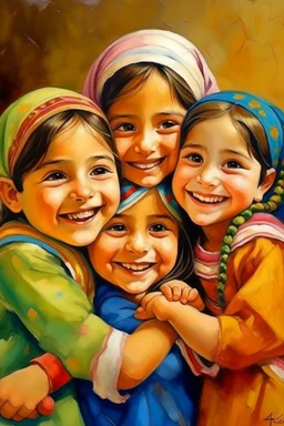 oriental arabic childeren higging ech other smiling painting