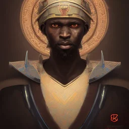 African warrior, ominous, dnd character portrait, waist up portrait, intricate, oil on canvas, masterpiece, expert, insanely detailed, 4k resolution, retroanime style, cute big circular reflective eyes, cinematic smooth, intricate detail , soft smooth lighting, vibrant colors, hokusai style arm sleeve tatoo
