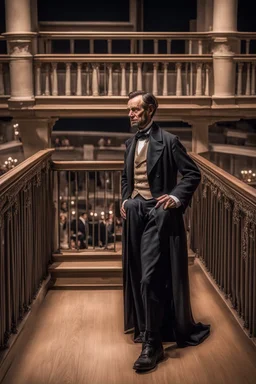 llustrate the presidential box on the balcony level, portraying Abraham Lincoln, his wife, and their guests as they enjoy the play. Highlight the vulnerability of Lincoln without proper security, setting the stage for the impending tragedy