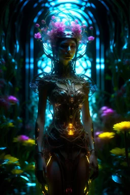 Princess in a dress, filigreed flowers, molten transparent glass and crystal in a magical neon forest, light elements, detailed leaves, cyberpunk flickers in the petals, light botanical, cyber art, art bionicle, cyberpunk style, 16k, 100mm lens, f/8, symmetry