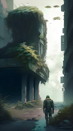 sci-fi ruined street with bushes and man